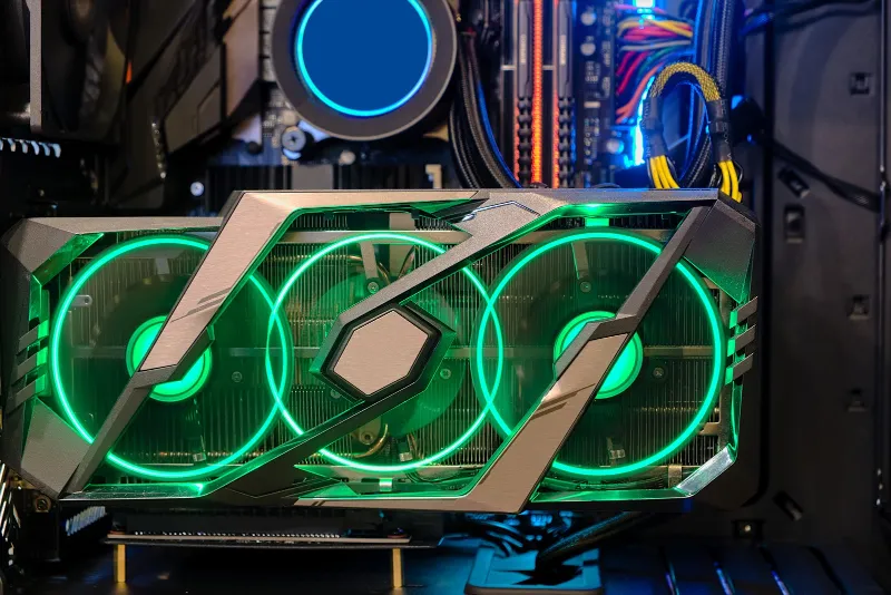 Tarjeta gráfica de tres ventiladores iluminada con LEDs verdes bajo carga térmica