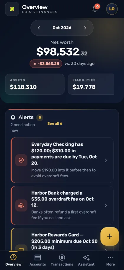 MyXCapital overview screen on a phone: net worth for the month, assets and liabilities, and the alerts card showing two items that need action